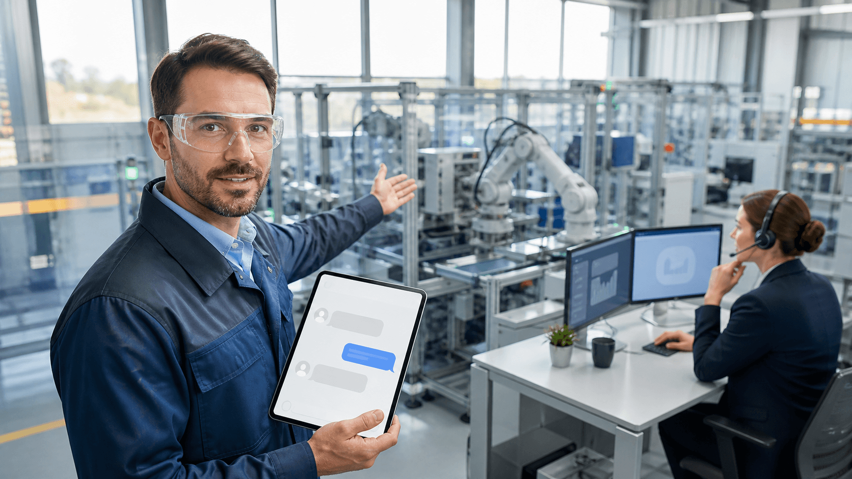 Industrial website chat window with warning icons over a blue-gray factory background.