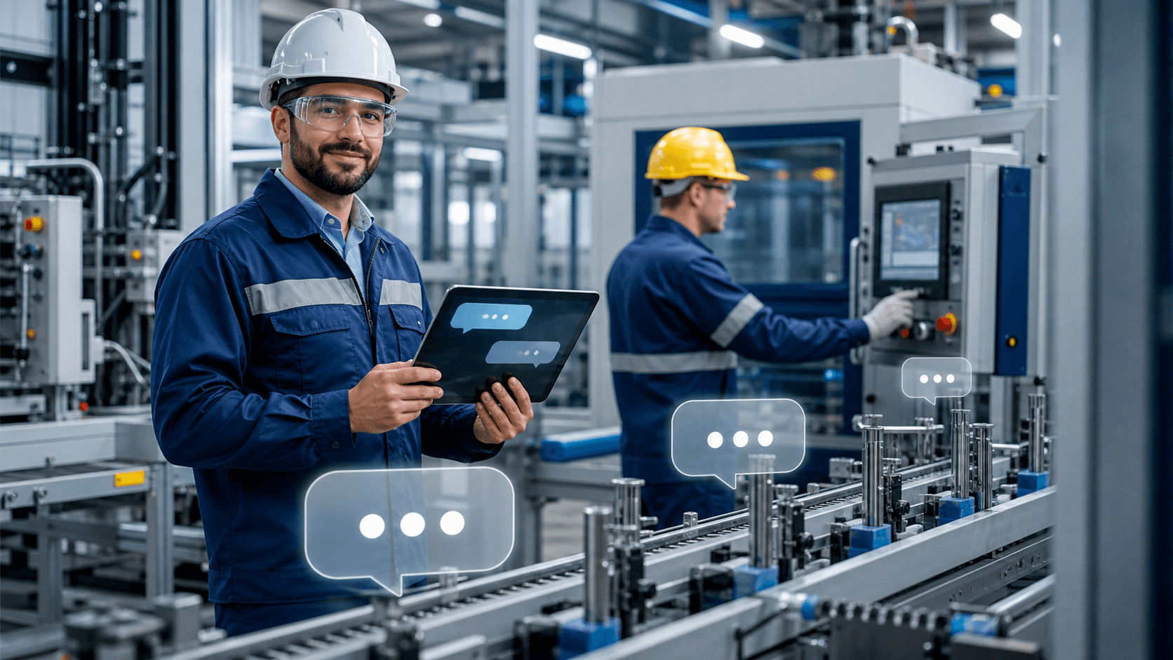 Blue-toned factory interior with robotic arms and chat bubbles overlaid, lit by bright overhead industrial lights.