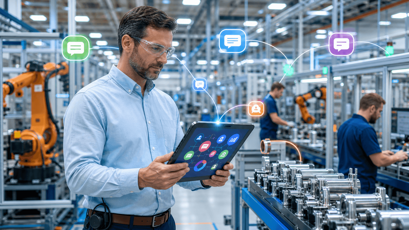 Blue-toned dashboard screen with chat bubbles, bar charts, and glowing manufacturing icons.