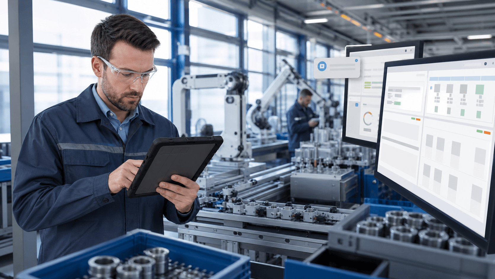 Laptop displaying a live chat window beside industrial gears on a blue-toned manufacturing workspace