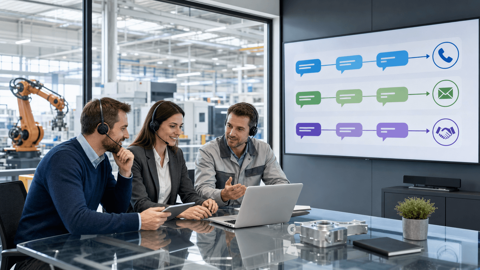 Split-screen illustration of two chat agents beside factory machinery, with blue-gray UI panels and a clean white backdrop.