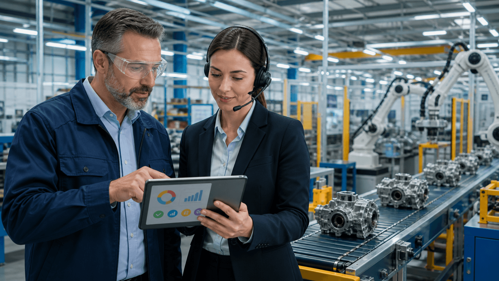 Blue-toned factory dashboard with chat bubbles, cost charts, and glowing industrial equipment in the background.