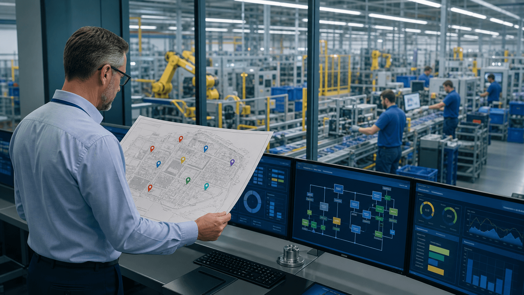 Factory complex map with disconnected location pins and uneven blue coverage zones on a dark background