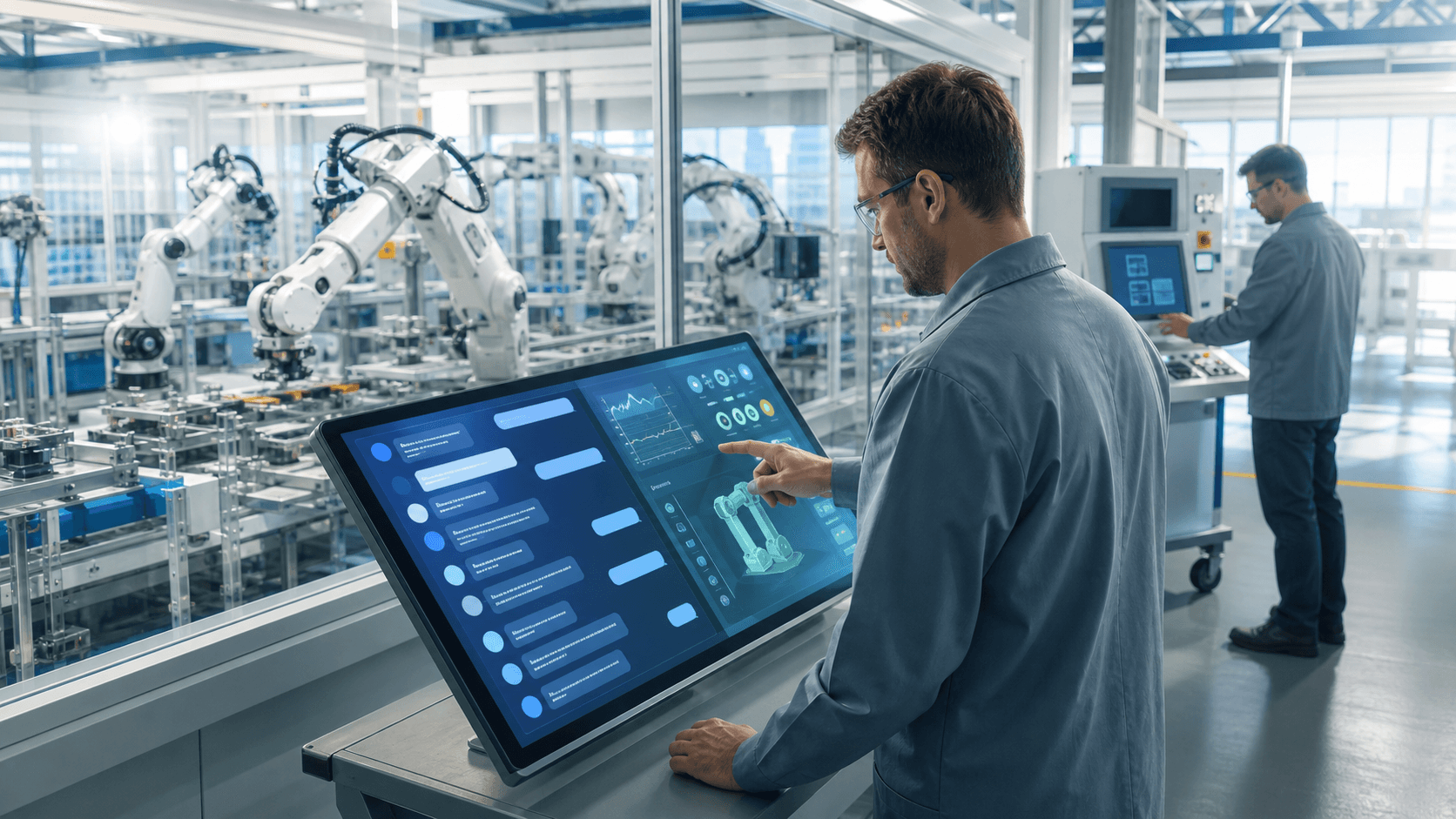 Blue-toned factory control room with glowing chat windows over machinery dashboards and industrial equipment.