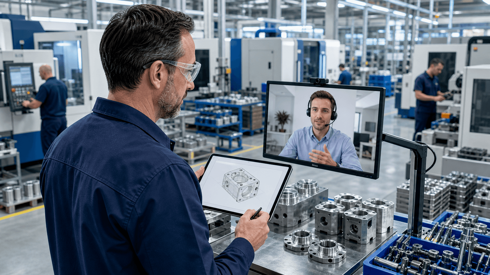 Blue-toned manufacturing dashboard with chat bubbles, technical drawings, and glowing interface panels.