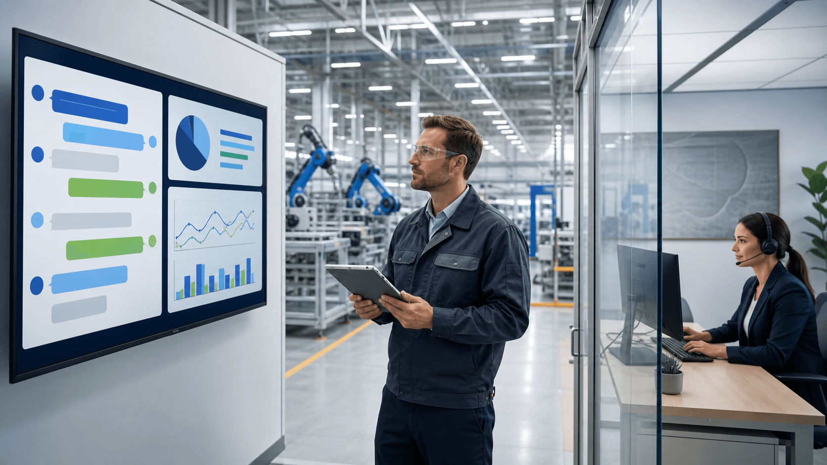 Split-screen factory scene with a headset agent and machinery, overlaid with blue ROI and cost comparison charts.
