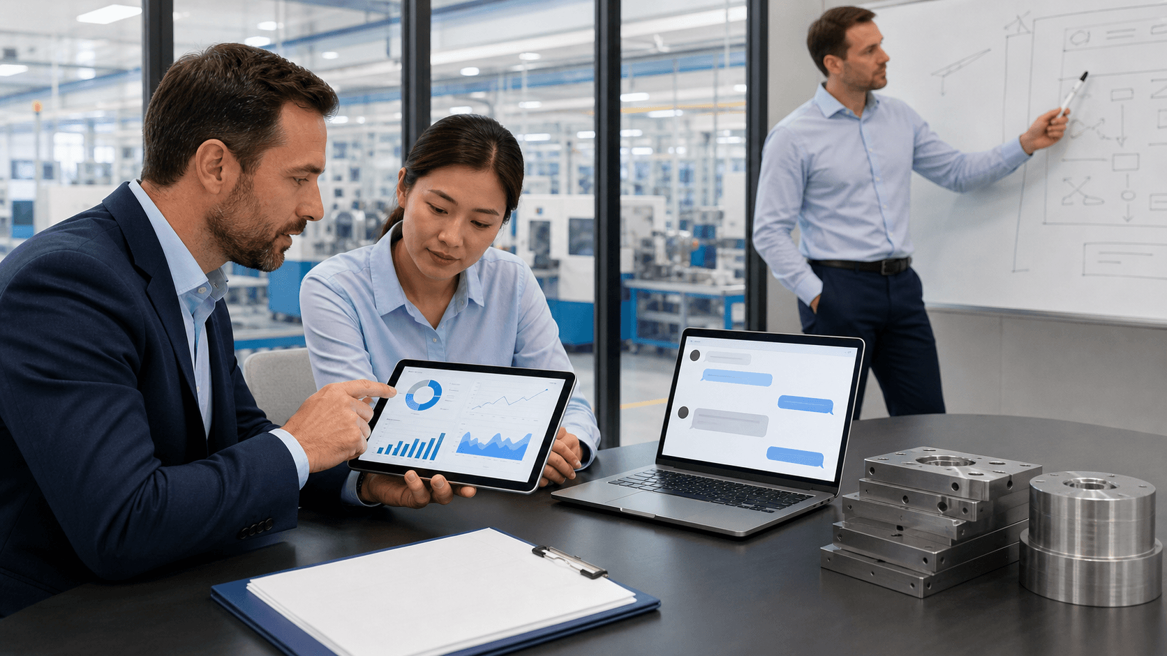 Laptop showing chat window and analytics graphs, with a funnel chart and RFQ form on a clean blue-white desk.