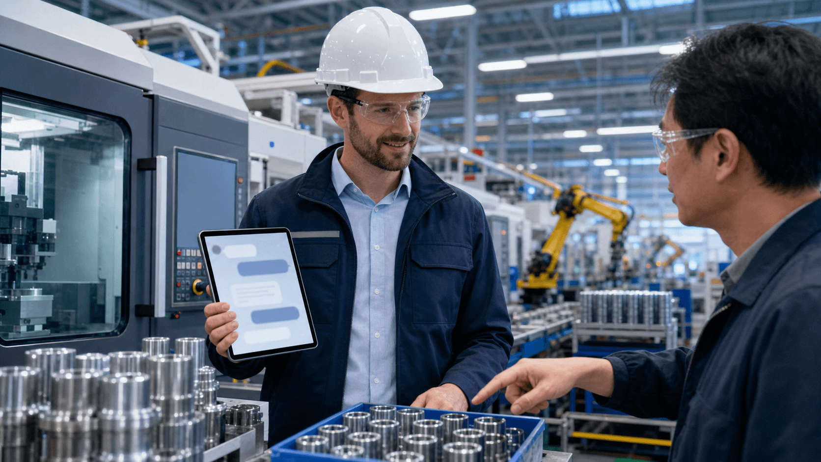 Factory worker at a laptop with floating chat bubbles and glowing icons, in cool blue industrial lighting.