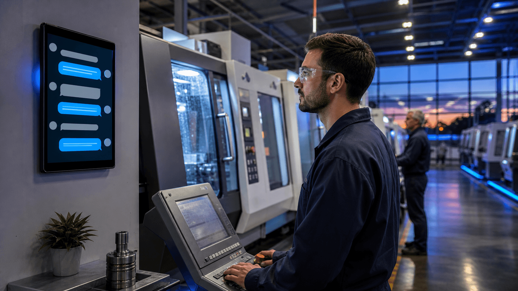 Factory worker at a glowing computer monitors a manufacturing website against a dark blue nighttime background.