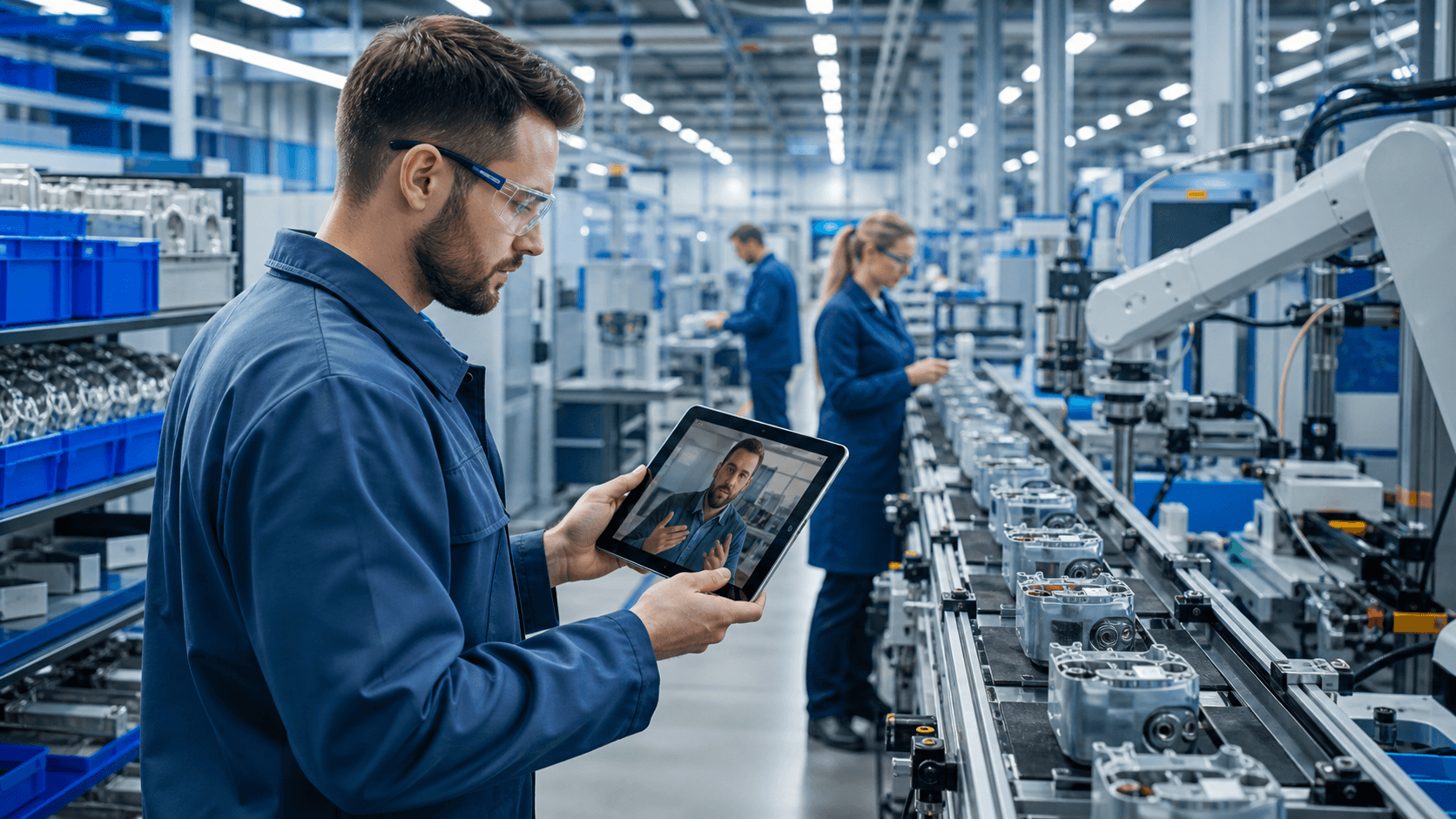 Blue-toned industrial facility with glowing chat icons and interconnected digital interface overlays.