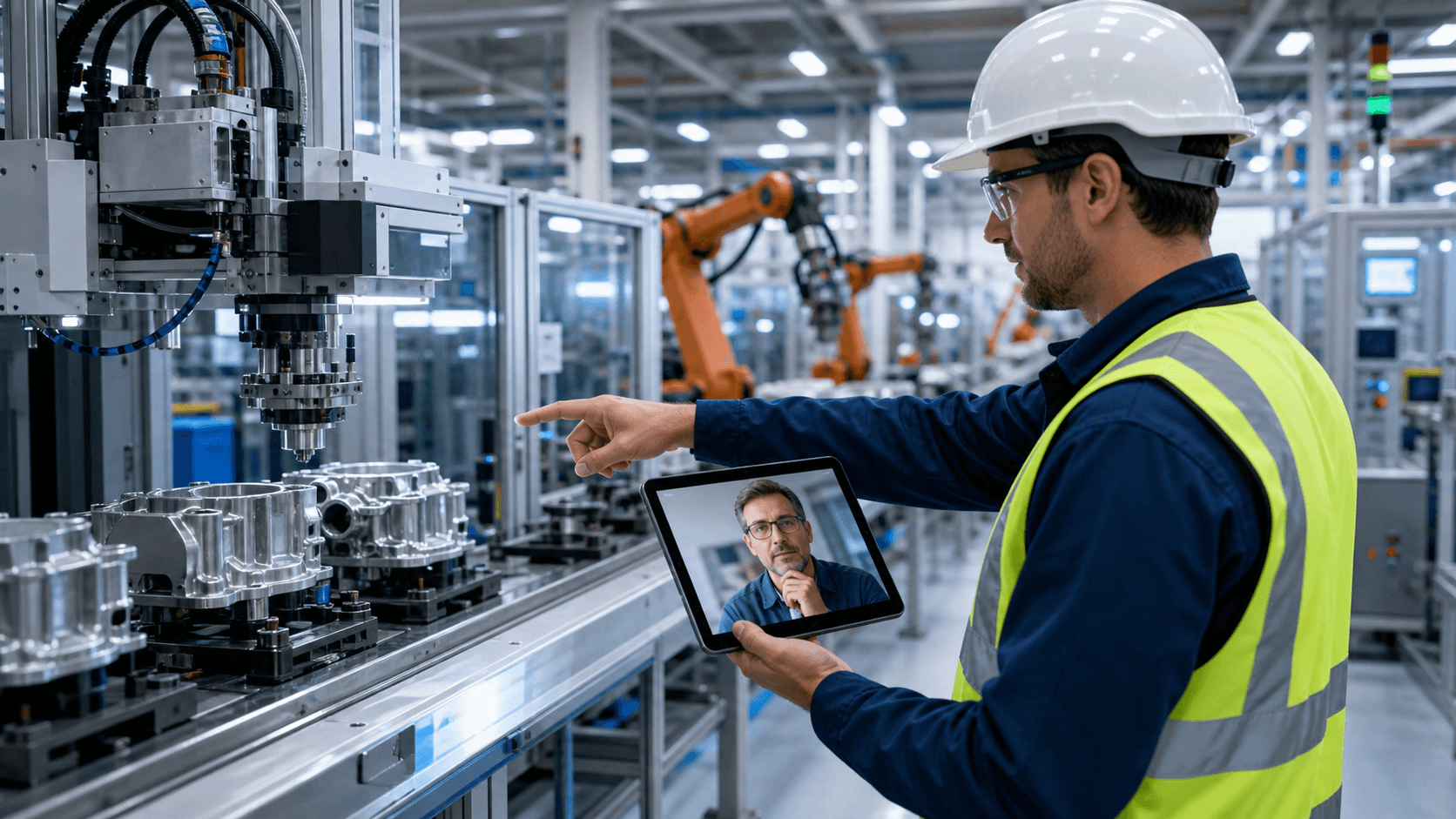 Industrial worker in a hard hat reviews a glowing chat interface on a laptop in a blue-lit facility.
